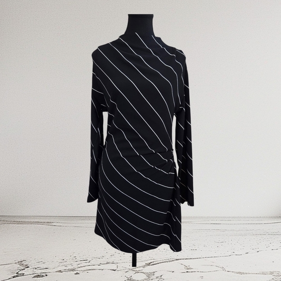 H&M Black and White Long Sleeve High Neck Ruched Dress Size Small - Picture 1 of 7